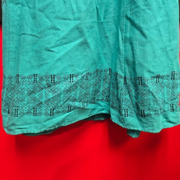 K Petite Teal Linen Blend Midi Dress Size 4P Sleeveless A-Line Blue Aztec Belt - Picture 4 of 12